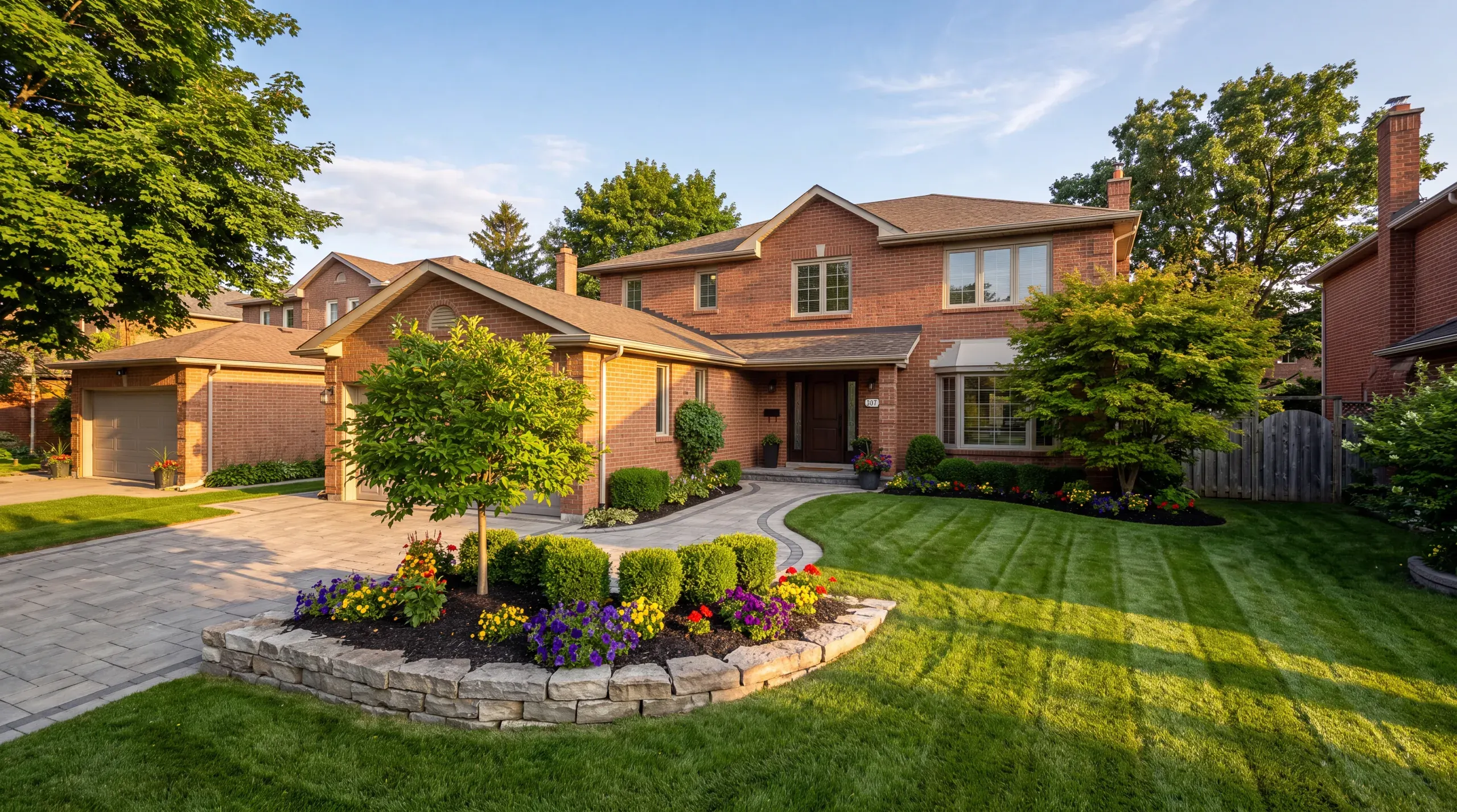 A Toronto front yard professionally landscaped by JJ's Lawn Care and Landscaping: fresh sod, interlock driveway and stone garden beds