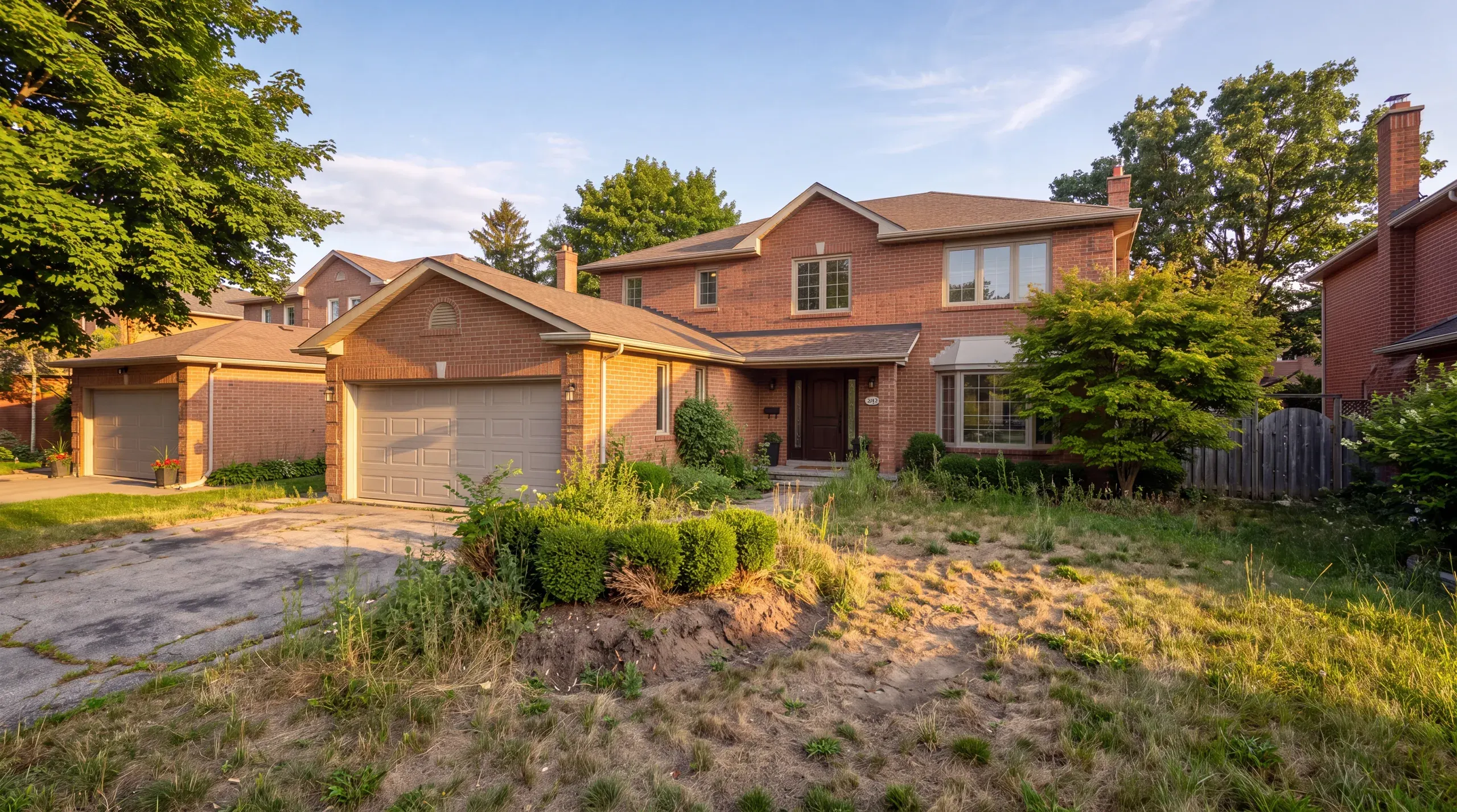 The same Toronto yard before the work: patchy lawn, cracked driveway and overgrown beds