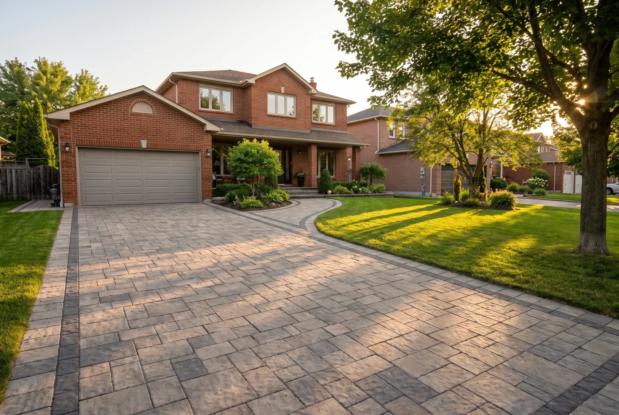 Wide interlocking paver driveway and curved walkway at a red-brick Toronto home in golden-hour light