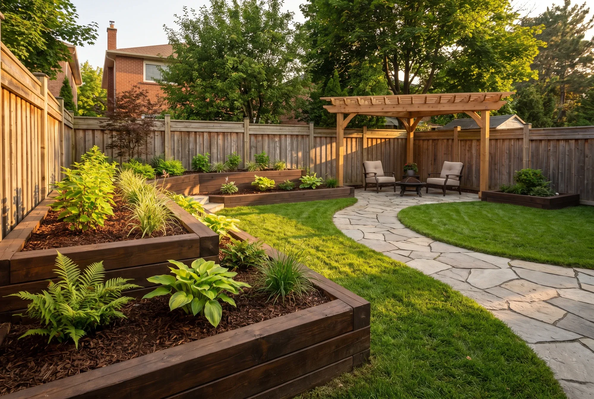 Professionally designed Toronto backyard with layered garden beds, a stone pathway and cedar pergola at golden hour