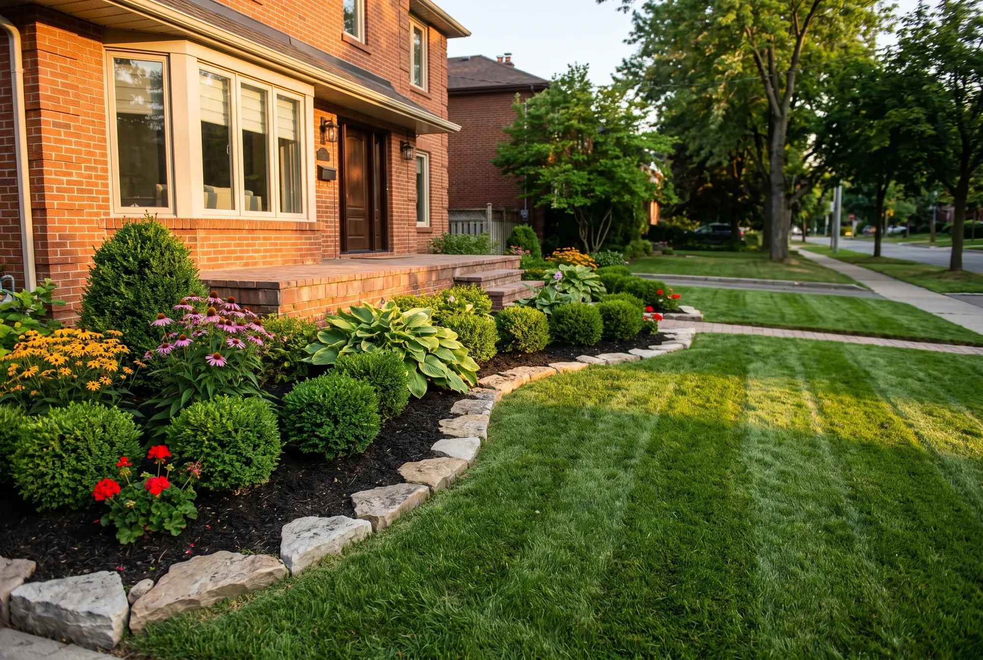 Freshly mulched garden beds with boxwood, hostas and summer flowers along a striped lawn at a Toronto home