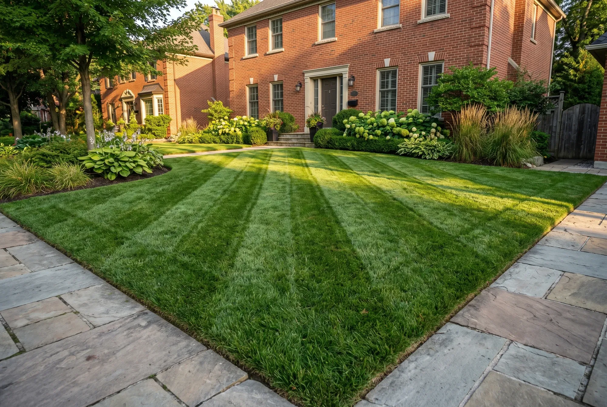 Freshly mowed lawn with crisp alternating stripes in front of a brick Toronto home