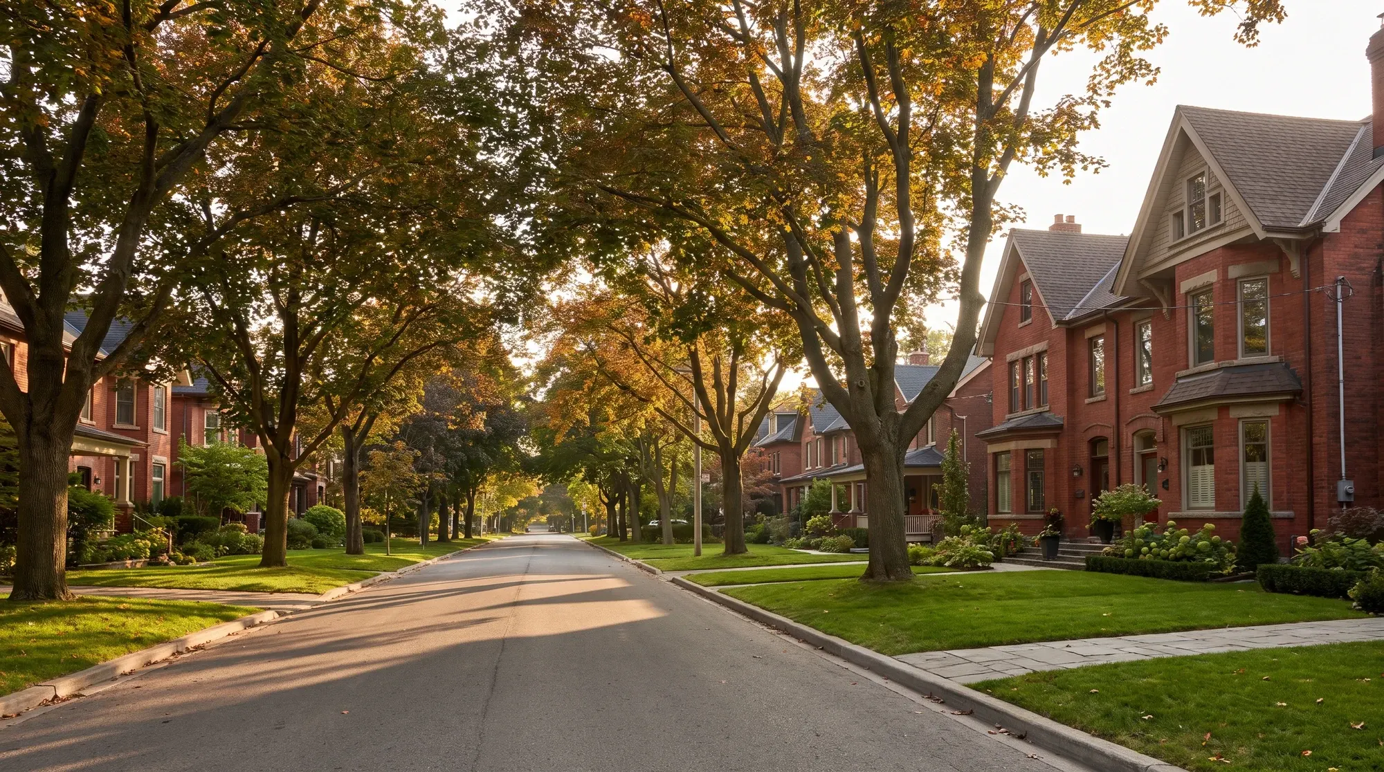 Tree-lined residential street in a Toronto neighborhood in warm evening light