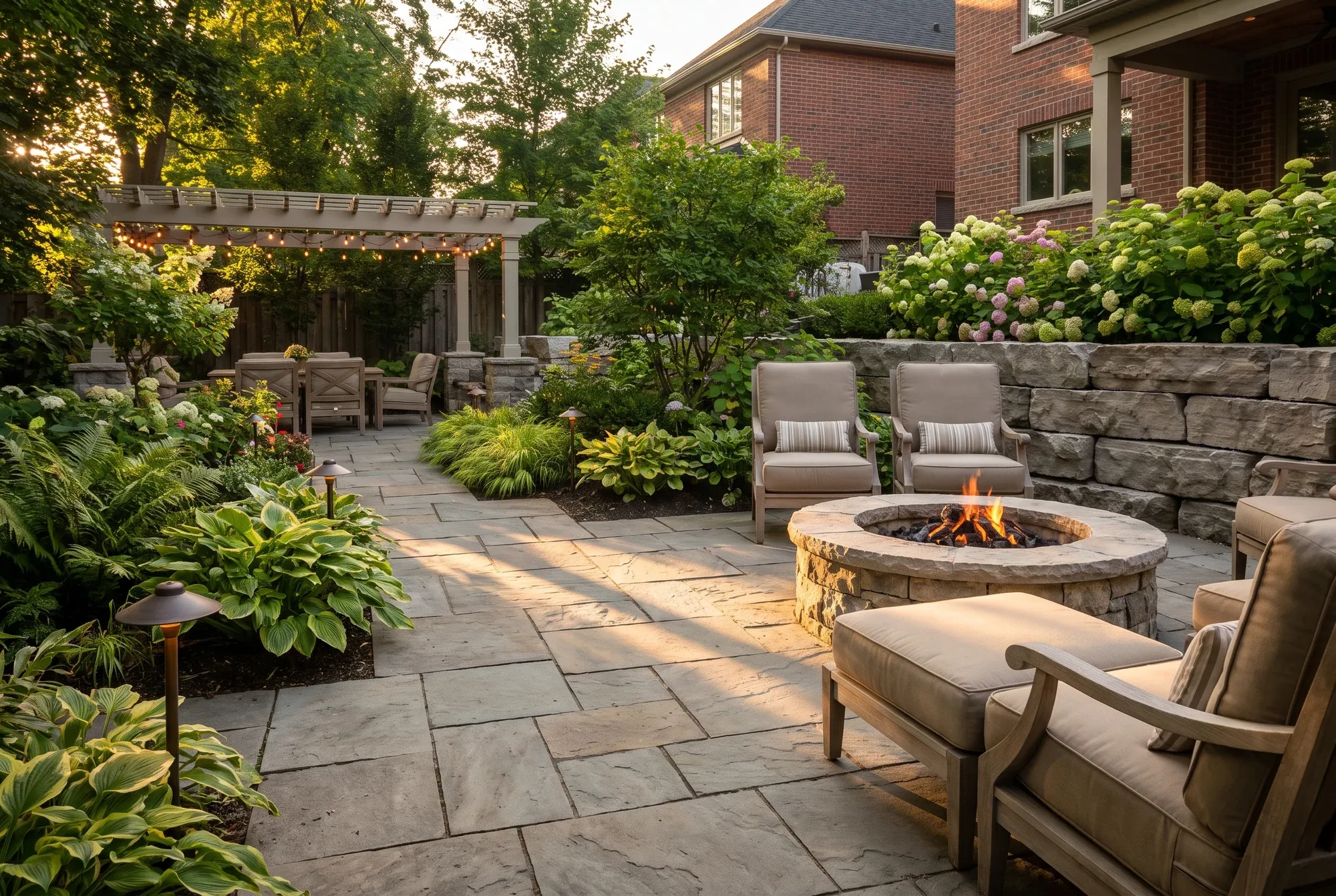 Paver patio with a stone fire pit and lounge furniture in a Toronto backyard at early evening