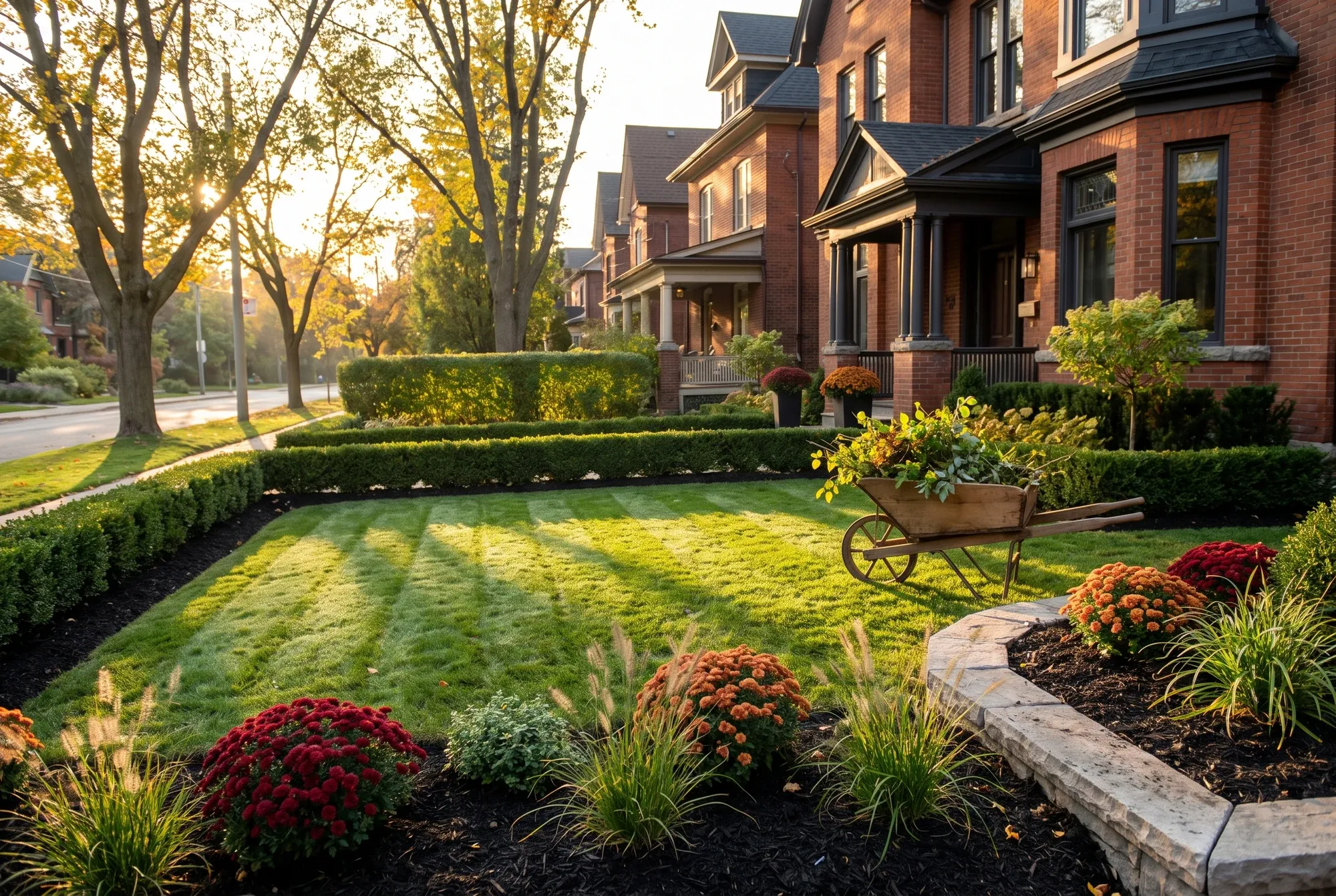 Tidy Toronto front yard in early autumn with pruned shrubs, fresh mulch and a leaf-free striped lawn