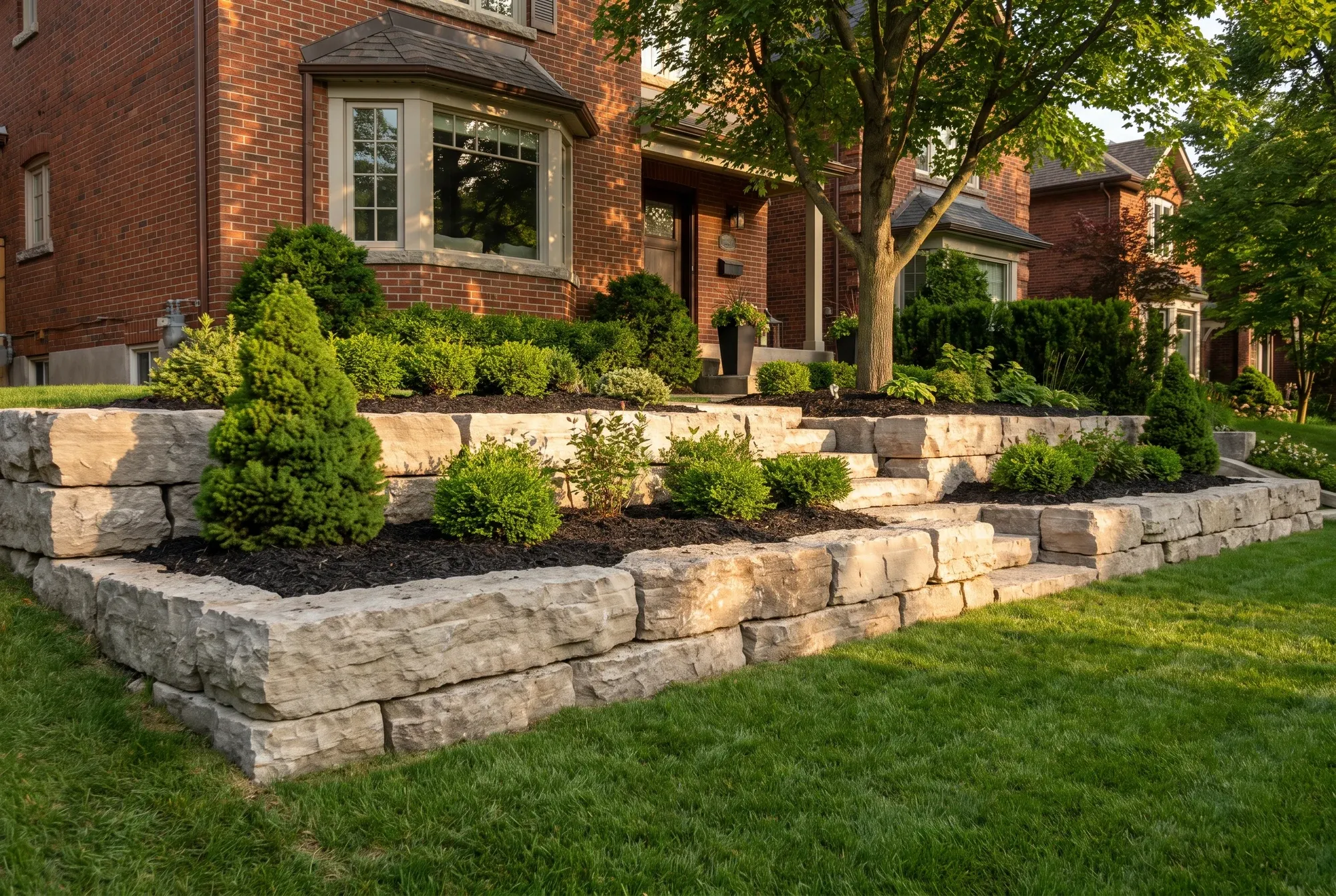 Tiered natural stone retaining wall with mulched garden beds terracing a sloped Toronto front yard
