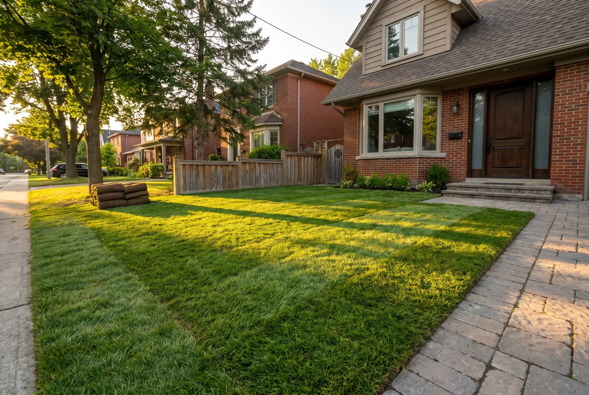 Freshly laid sod lawn with tight seams and rolled sod at the edge of a Toronto front yard